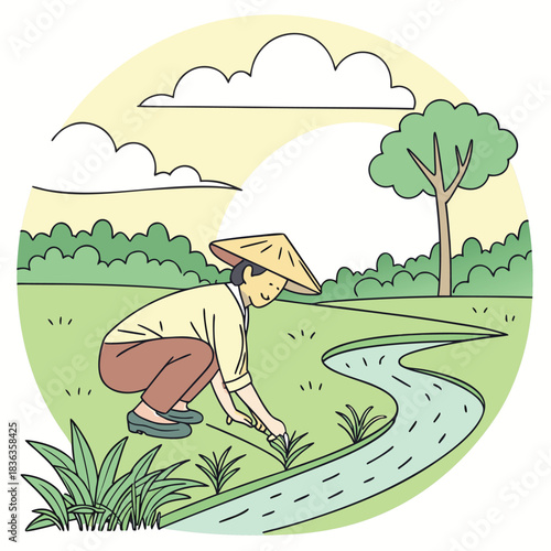 Asian farmer in hat tends the green field near the water with diligent effort