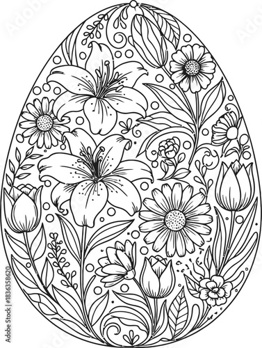 Floral Easter Egg Coloring Page with Lilies and Daffodils for Springtime Fun