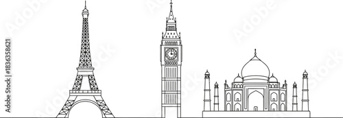Minimalist Line Art Illustration Featuring the Eiffel Tower Big Ben and the Taj Mahal