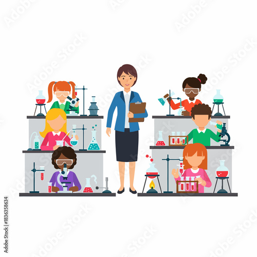 Science Teacher Supervising Diverse Children in Chemistry Class