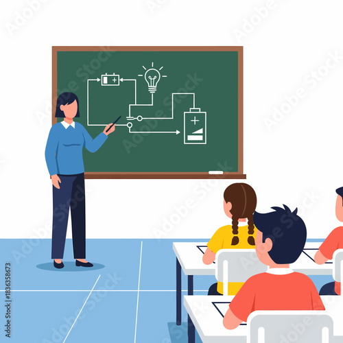 Teacher Explaining Physics Circuit Diagram on Blackboard