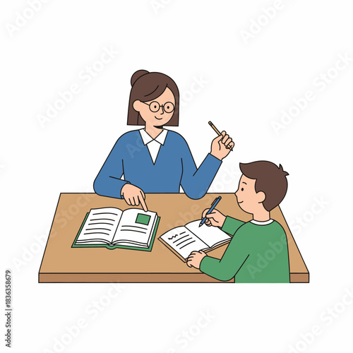 Female Tutor Helping Young Boy with Homework and Studying