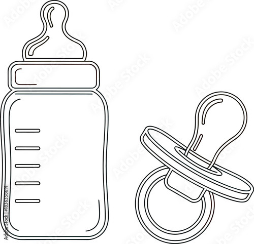 Simple Line Drawing of a Baby Bottle and Pacifier on a White Background