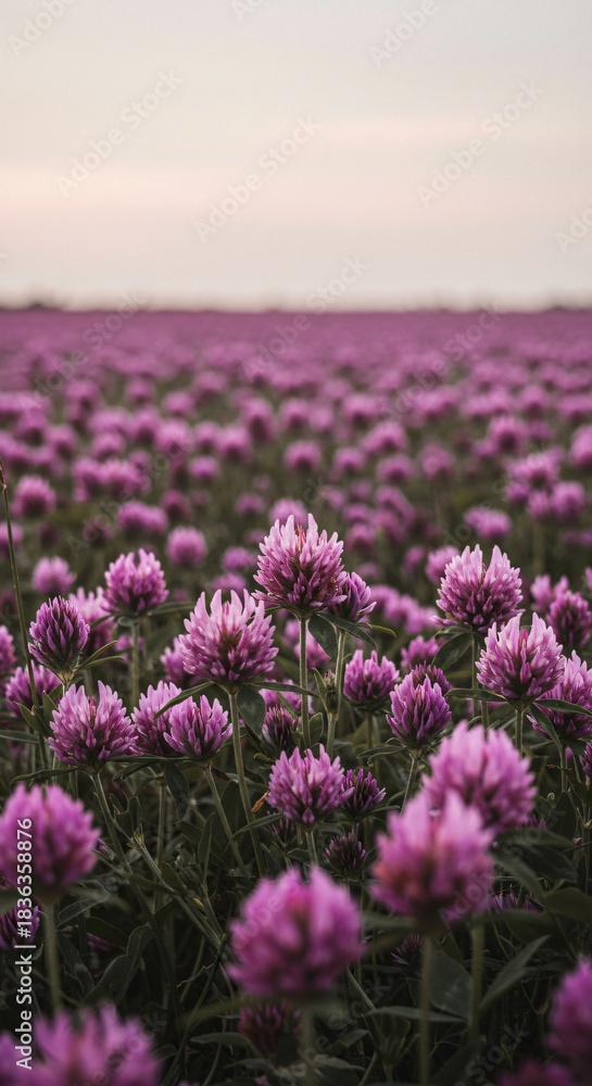 Fototapeta premium Vibrant Purple Clover Field Blossoms at Sunset Natural Meadow Photography Wildflower Beauty