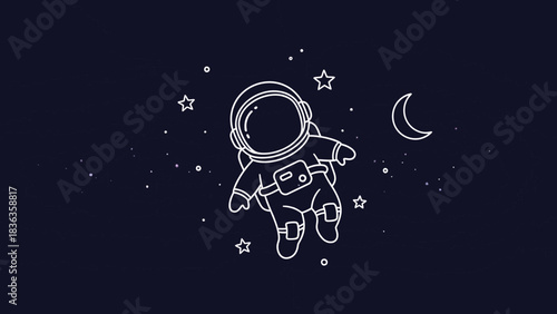 Astronaut in Space with Stars and Moon Minimalist White Outline on Dark Blue Background