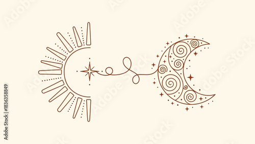 Elegant Line Art Depicting Sun and Moon Connected by a Curvy Line minimalist