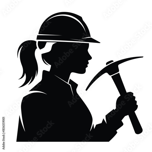 Silhouette of a woman miner with a pickaxe and hard hat