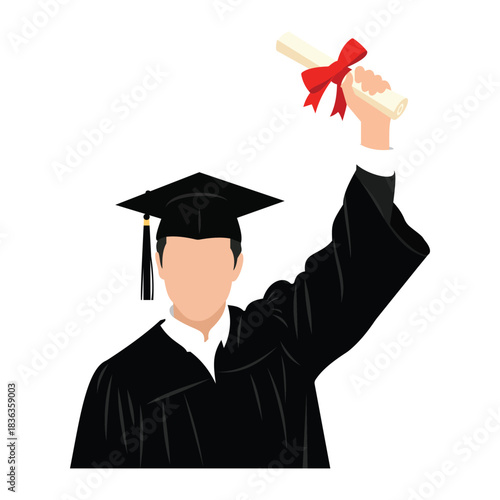 Graduate in cap and gown holding up diploma