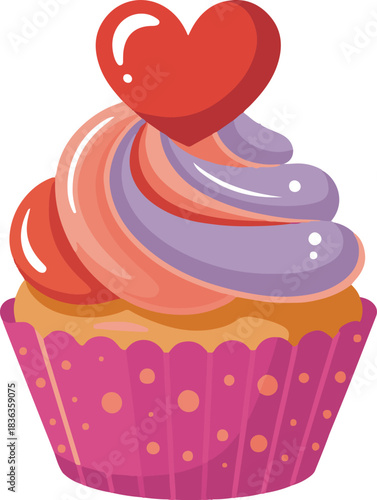colorful cupcake with heart topping vector, soft shadows