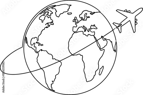 Continuous Line Drawing of World Globe with Airplane Circling Representing Global Travel minimalist