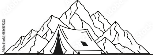 Camping in the Mountains Illustration Featuring a Tent and Mountain Range Line Art