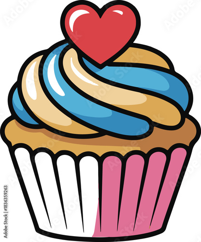 colorful cupcake with heart topping vector, soft shadows
