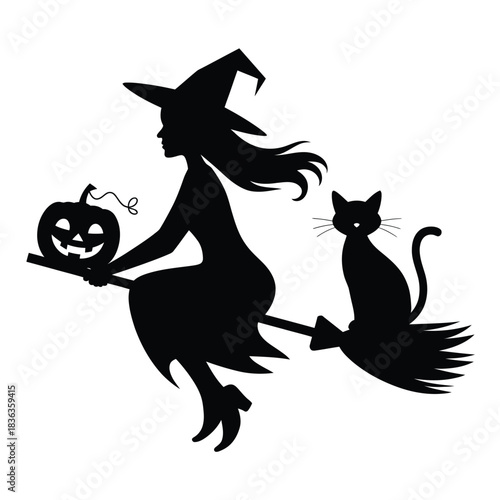 Silhouette of a witch flying on a broomstick with a black cat and pumpkin