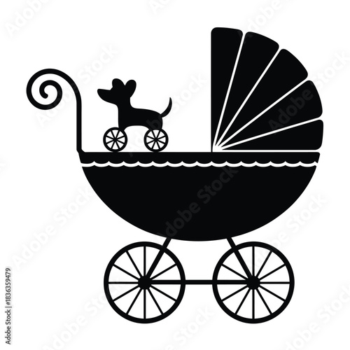 Silhouette of a dog in a vintage baby carriage