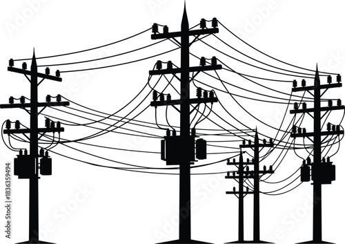 A tangled urban silhouette of multiple utility poles and electric wires creating a complex network across the cityscape and skyline representing power infrastructure, communication