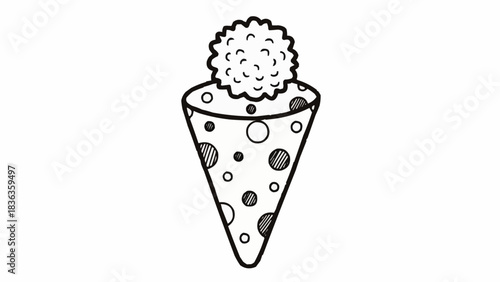 Hand drawn party popper with confetti dots and a fluffy top.