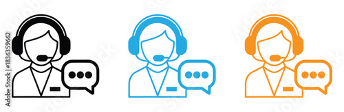 Customer support agent with headset and speech bubble isolated on white,Set of Customer support service icons collection. Technical support,call center, hotline,operator,staff,and agent communication