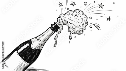 Champagne Bottle Exploding with Bubbles and Stars.