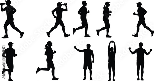 Black Silhouette Collection of Dynamic Runners, Joggers, and Athletes Performing Various Fitness Activities: Running, Jogging, Stretching, Warming Up, and Post-Workout Celebration Against a Clean 