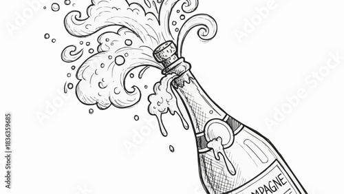 Champagne bottle erupting with celebratory bubbles and foam, a festive moment.