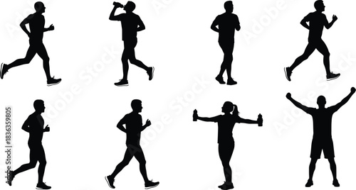 Black Silhouette Group of Diverse People Running, Jogging, Exercising, and Working Out; Male and Female Runners Hydrating and Stretching Outdoors for Fitness and Healthy Lifestyle.