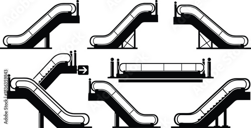 Black and White Silhouettes of Escalators and Moving Walkways Vector Collection, Industrial Staircase Transport, Mechanical Stairway and Travelator Elements, Shopping Mall Airport Office 