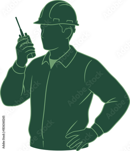 Construction Worker Using Walkie-Talkie – Safety Communication, Hard Hat, Site Supervision Silhouette