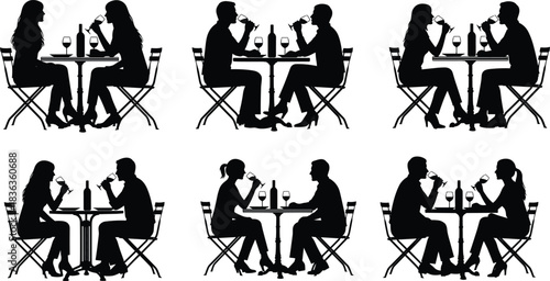 Couple Silhouette Romantic Dinner Date Cafe Table Wine Glass Bottle Black Vector Illustration Set For Valentines Day Anniversary Love Graphics Design.