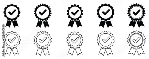Celebrate achievements with these diverse award ribbon icons,Set of quality premium icons,  approved or certified medal, achievement badge vector illustration. Verified, quality symbol, 