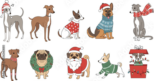 Christmas dog illustration set, festive cartoon pets in holiday outfits, Santa hats, sweaters, gift box pups, seasonal clipart