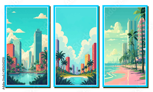 Vibrant tropical cityscape triptych; popular microstock keywords: skyline, beach, palm trees, urban, landscape.
