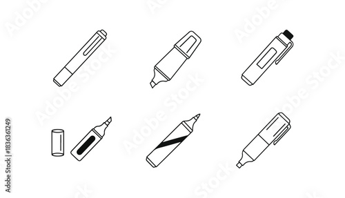Set of various highlighter pens isolated on black background