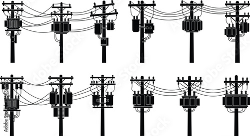 Electric Power Distribution Pole Silhouettes: Transformer, Conductor Wires, Cutouts, and Insulators Detailed Vector Illustration Set; Overhead Line Infrastructure for Electricity Transmission in 