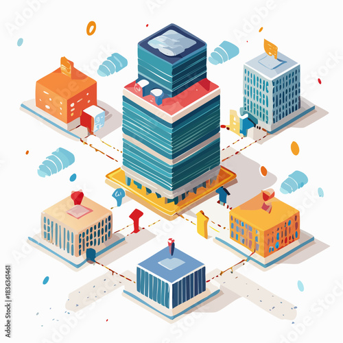 Isometric City Network with Central Hub and Connections.