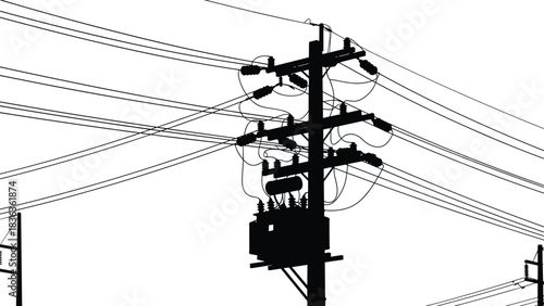 Title (24 words):Electrical Utility Power Pole with Distribution Transformer and Numerous High Voltage Wires Against White Background; Detailed Vector Line Art Illustration of Complex Urban Energy 