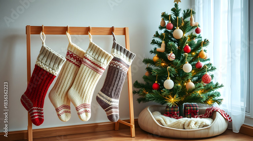 Cozy christmas scene with decorated tree and stockings hanging on a wooden stand, christmas, tree, stockings, hanging, decorated, ornaments, lights, cozy, winter, holiday, season, festive, traditional