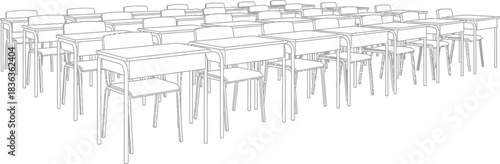 Empty classroom with rows of desks and chairs in a minimalist line drawing