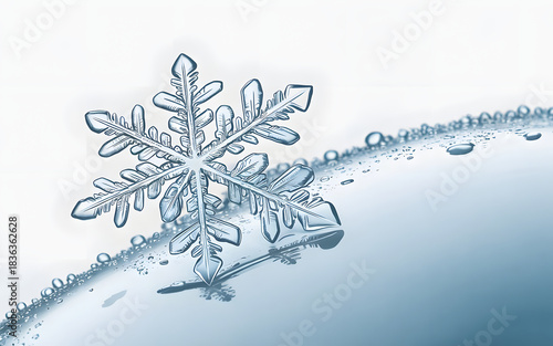Intricate ice crystal snowflake macro detail with water droplets on a frosty surface, snowflake, ice, crystal, macro, detail, winter, cold, frost, frozen, nature, pattern, design, unique, delicate