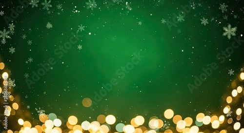A festive green background with snowflakes and golden lights, featuring a Christmas tree and a star.