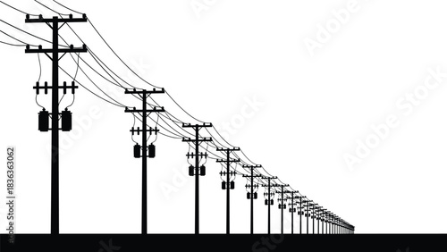 High-contrast vector illustration of multiple electric utility poles and power lines receding in a dramatic one-point perspective, showcasing electrical infrastructure, connectivity, 