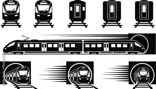 High-Speed Modern Electric Train Set Vector Silhouette Icons Pack: Locomotive Front Views, Railway Carriage Side Profile, Tunnel Exit Speed Motion Graphics, Subway Transport Design Elements