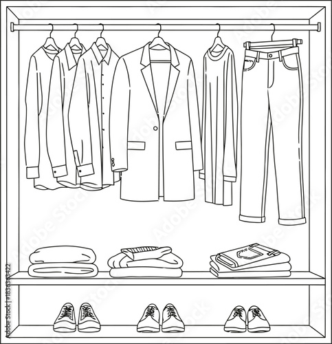 Minimalist wardrobe illustration featuring organized clothing and shoes on shelves