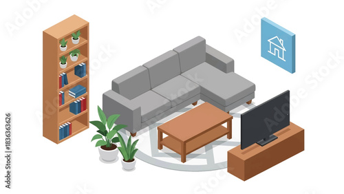 3D isometric cozy living room with sofa, shelves, rug, and decor, ideal for interior design concepts, real estate visuals, home inspiration, and modern lifestyle illustration