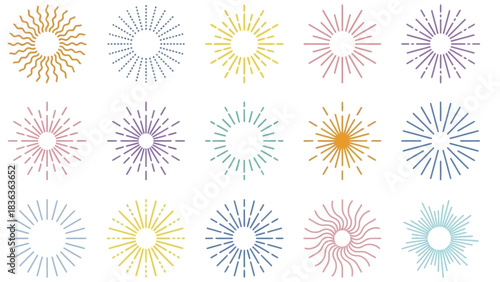 Radiant Symmetry Collection: A Pastel Grid of Stylized Sunbursts Featuring Circular Radial Designs in Soft Hues for Artistic, Decorative, and Graphic Design Applications with Emotional and Visual 