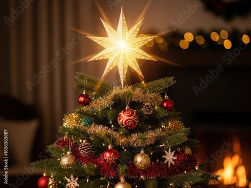 Experience the magic of Christmas with a brightly decorated tree and a shining star, perfect for creating warm, cozy memories and holiday cheer with loved ones this season