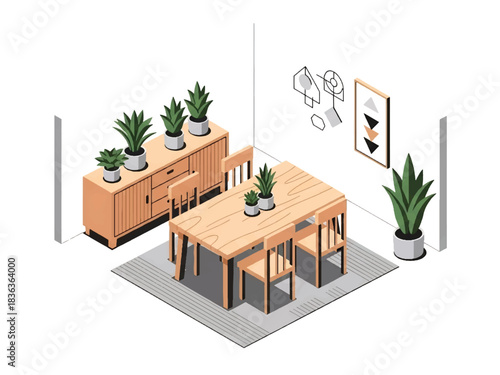 3D isometric Scandinavian dining room with table, chairs, and pendant lamp, ideal for interior styling, modern furniture concepts, and smart home layouts