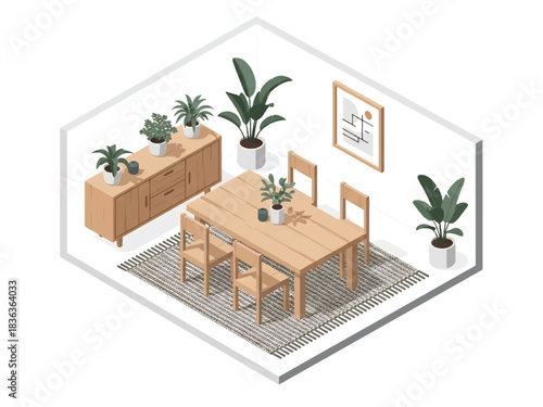 3D isometric Scandinavian dining room with table, chairs, and pendant lamp, ideal for interior styling, modern furniture concepts, and smart home layouts