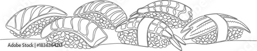 Minimalist line art illustration of assorted sushi pieces on a white background
