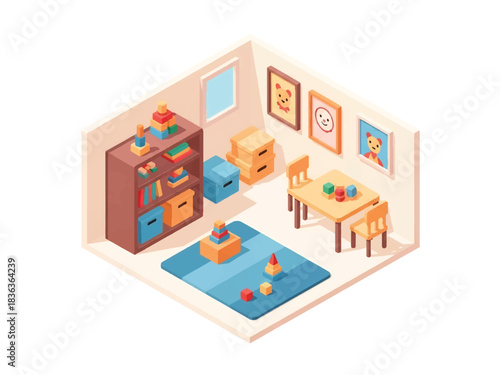 3D isometric colorful playroom interior with toys, shelves, play mat, and child furniture, ideal for education visuals, family themes, and playful home concepts