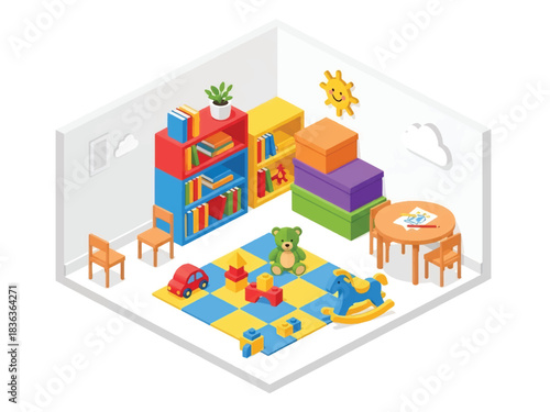 3D isometric colorful playroom interior with toys, shelves, play mat, and child furniture, ideal for education visuals, family themes, and playful home concepts